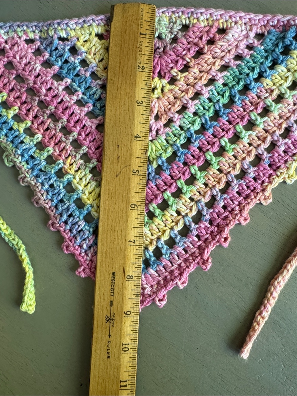 Handmade Crocheted Bandana Hair Scarf Kerchief in Pastel Rainbow 100% Cotton - Picture 5 of 7
